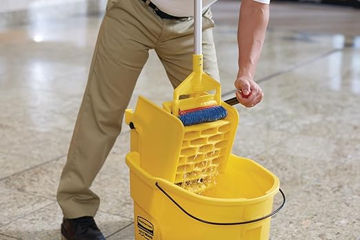 Rubbermaid Commercial Products WaveBrake 26 Qt. Side-Press Mop Bucket and Wringer Combo on Wheels, Yellow, for Professional/Industrial/Business Heavy-Duty Floor Cleaning/Mopping