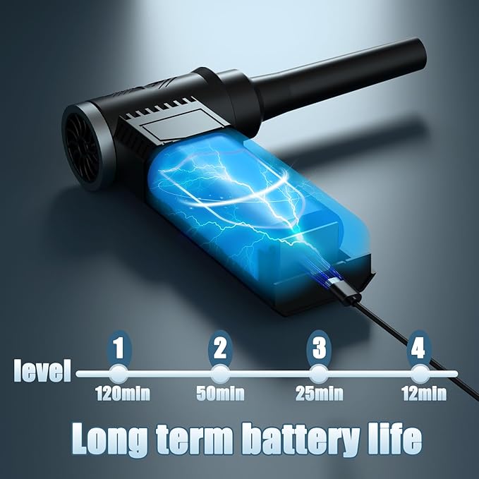 Meudeen Cordless Electric Air Duster: 120,000 RPM High-Speed 4-Speed Adjustable Blower, Rechargeable Battery-Powered Dust Cleaner for PC Keyboards, Electronics, Cars & Outdoor Use (deep Black)