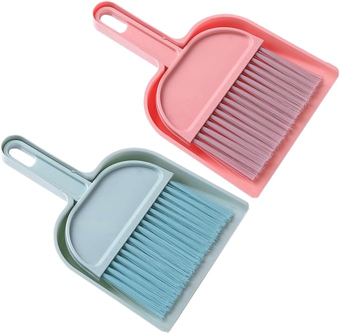 Yardwe Mini Broom and Dustpan Set Portable Small Desk Cleaning Tools 2 Sets Blue and Pink Home Accessory for Desktop and Office Use