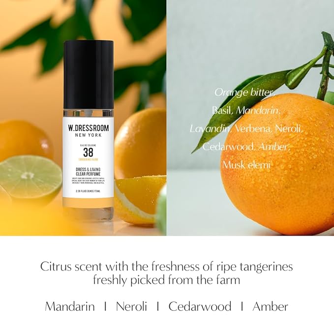 W.Dressroom No.38 Tangerine Farm Living Clear Perfume, Body Mist & Fabric Spray Deodorizer, Alcohol-Free Water-Based, Odor Neutralizer for Clothes, Bedding & Room, Travel Size 2.36 oz
