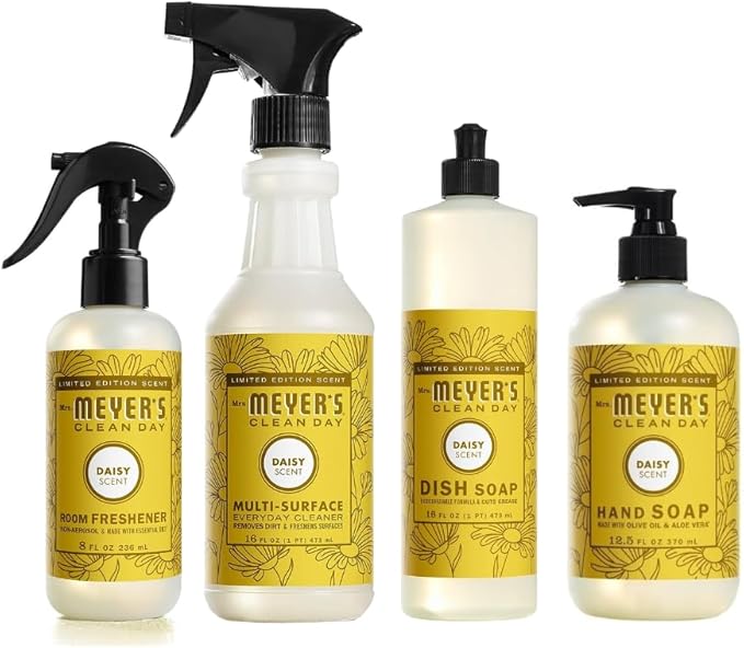 Mrs. MEYER'S Variety, 1 Room Freshener, 8 OZ, 1 Liquid Dish Soap, 16 OZ, 1 Liquid Hand Soap,12.5 OZ, 1 Multi-Surface Cleaner 16 OZ, 1 CT (Daisy)