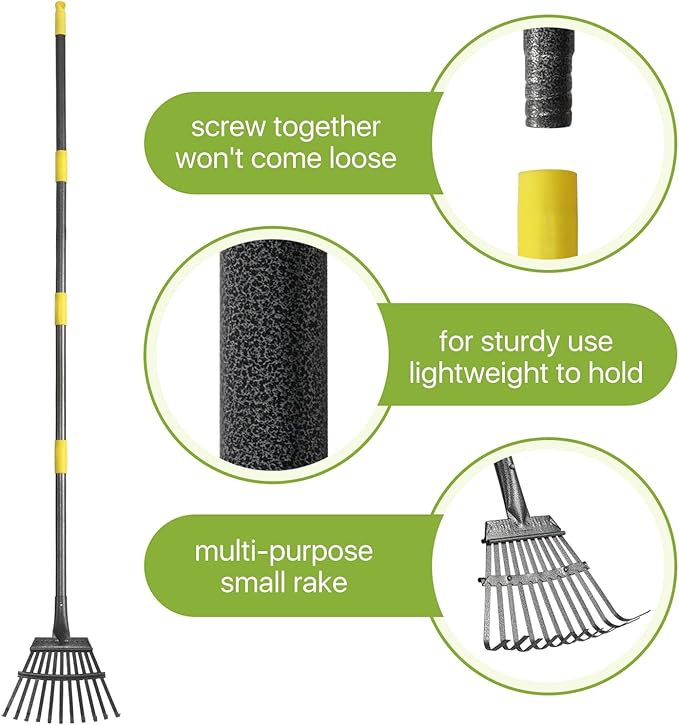 Rake for Leaves, Small Leaf Rake for Garden, 70-inch Adjustable Metal Rakes-Tool with 11 Steel Tines for Gardening, Yard, Shrub, Flower Beds, Lawns