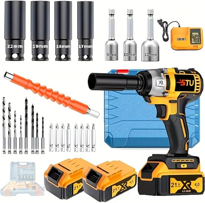 Wireless impact electric wrench kit, impact drill with charger, lithium-ion battery, portable quick charger - suitable for home and car maintenance and repair (Battery *2 + plastic box)