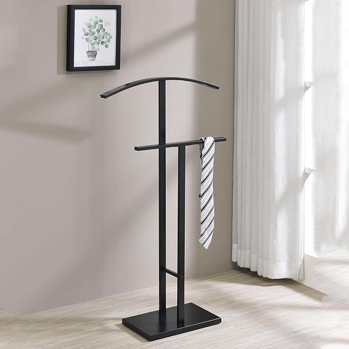 Kings Brand Furniture Dossi Modern Metal Suit Valet Stand, Clothes Rack Organizer with Jacket, Pants & Tie Holder, Space-Saving Garment Rack for Bedroom or Closet (Black)