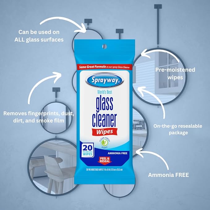 Sprayway SW199R Ammonia-Free Glass Cleaner Wipes, Fresh Scent, 20 Count