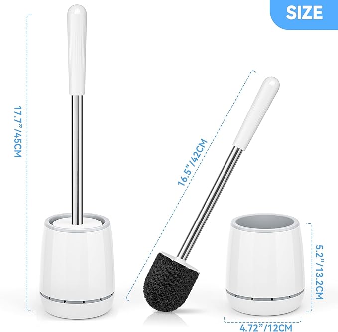 Toilet Brush, 2 PCS Toilet Brush and Holder with 304 Stainless Steel Handle, Space Saving Toilet Bowl Brush for Storage, Durable Bristles Toilet Scrubber for Bathroom Cleaning