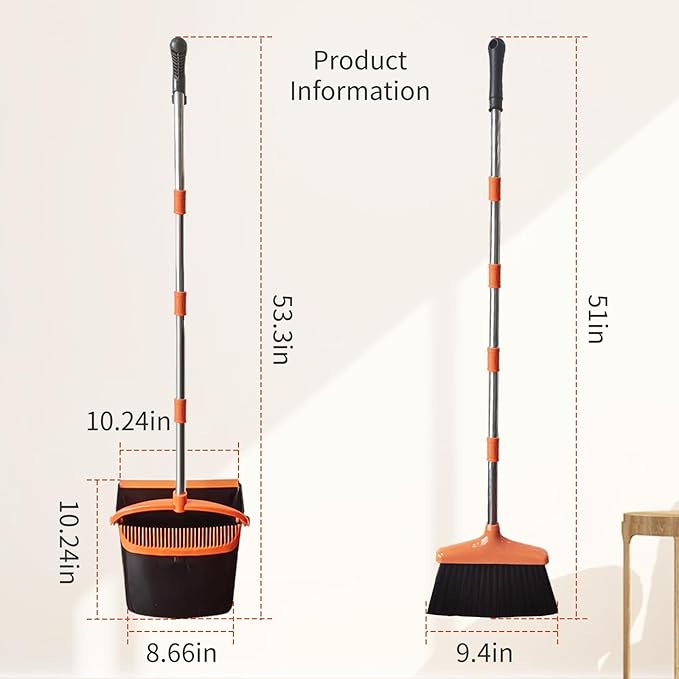 Broom and Dustpan Set for Home Long Handle (51" Length) Extendable Standing Dust Pan for Indoor Lobby Office Kitchen Cleaning (Black and Orange)