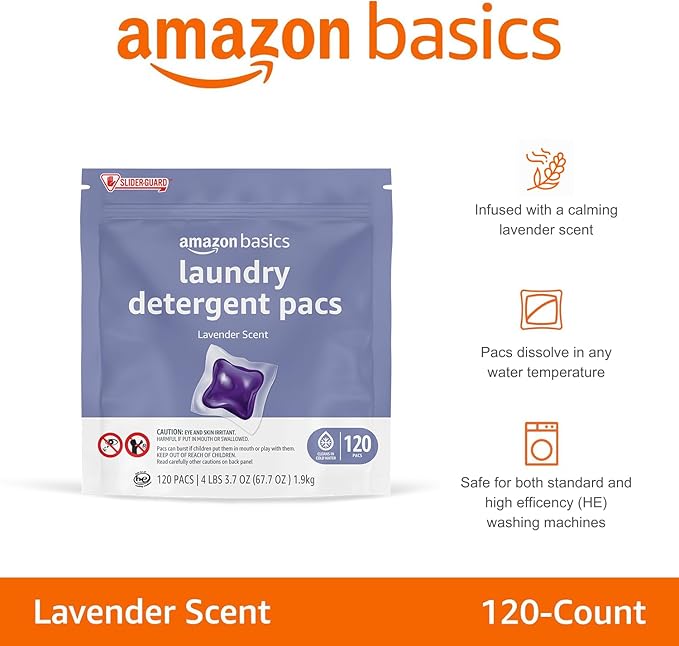 Amazon Basics Laundry Detergent Pacs, Lavender Scent, HE Compatible, Easy to Use Pre-Measured Pods, Clean Clothes, 120 Count (New Packaging)