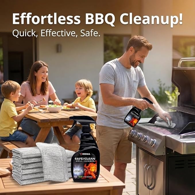 Kona Safe/Clean Grill Cleaner Spray, 23 oz + 6 Stainless Steel Scrub Cloths Bundle, No-Drip Gel Degreaser for Grill Grates, Griddles, Oven, Stainless Steel