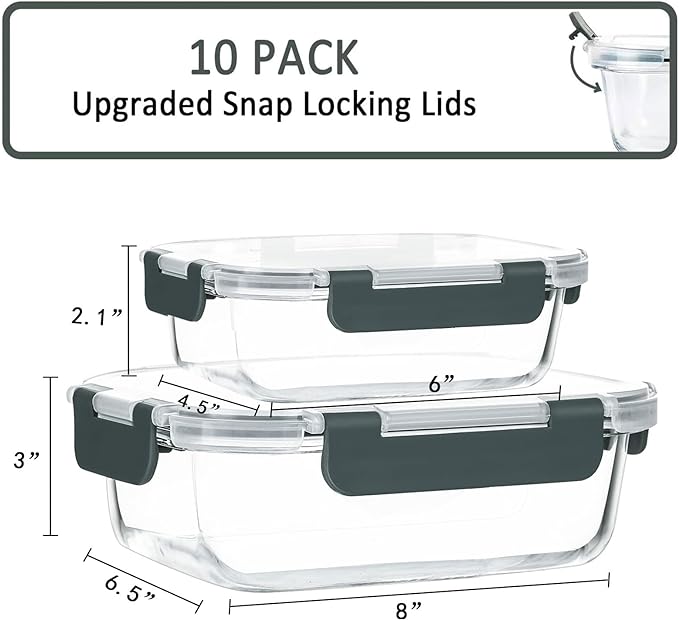 [10-Pack] Glass Meal Prep Containers with Lids, MCIRCO Food Storage Containers with Snap Locking Lids, Airtight Lunch Containers, Microwave, Oven, Freezer and Dishwasher