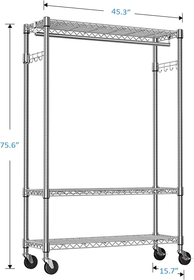 IZEUK Heavy Duty Rolling Garment Rack Wire Clothes Rack for Hanging Clothes (Chrome, 3 Tier with 2 Rod, 15.7" D x 45.3" W x 75.6" H)