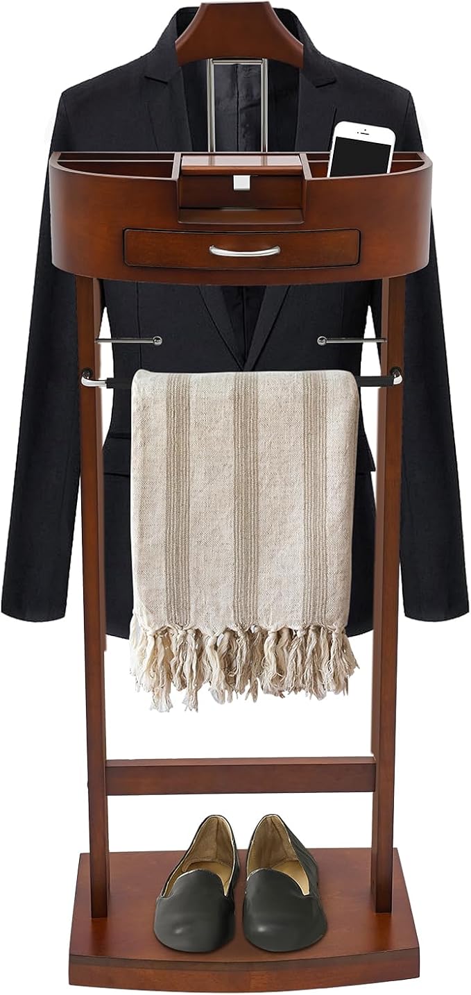 Wood Suit Rack Suit Stand for Man and Women Clothes Valet Suit with Drawer Valet Stands Men Valet Brown Suit Valet for Entryway Office Living Room