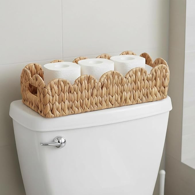 Coeusy Toilet Tank Basket for Bathroom,Scalloped Edge Wicker Basket for Toilet Paper Storage,Small Baskets for Countertop,Shelves,Living Room,Bedroom,Both Organizer&Decor,Natural Water Hyacinth