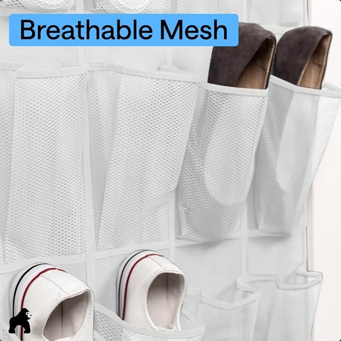 GORILLA GRIP Over the Door Shoe Organizer, 2 Pack, 24 Breathable Mesh Pockets, Space Saving Hanging Storage Holder, Closet Rack Hanger Holds Up to 40 lbs, Hangs on Closets, Shoes, Accessories, White