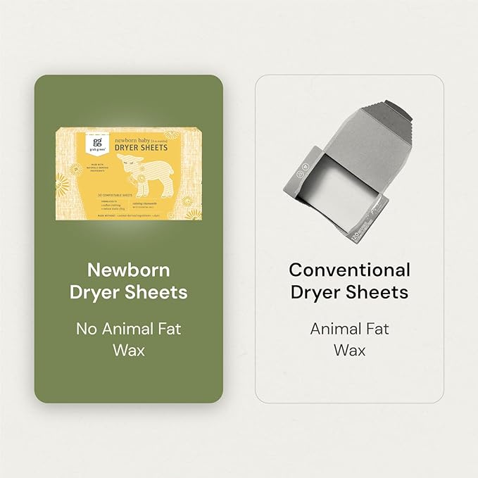 Grab Green Newborn Baby Dryer Sheets - Natural Scent Booster and Fabric Softener to Reduce Wrinkles and Static (Calming Chamomile Scent, 40 Sheets Total)
