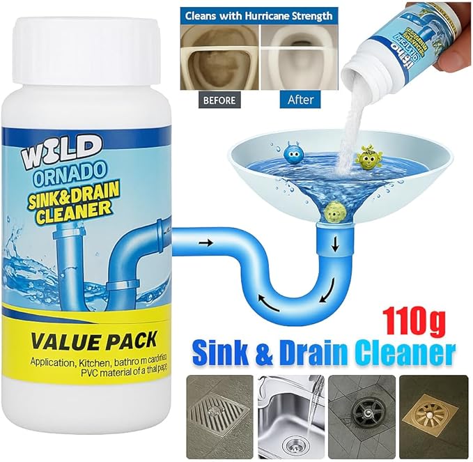 Wild Tornado Sink and Drain Cleaner Powder – Powerful Foaming Drain Cleaner for Kitchen, Bathroom, Toilet & Pipes – Fast-Acting Clog Remover, Deodorizes & Deep Cleans Drains (4)