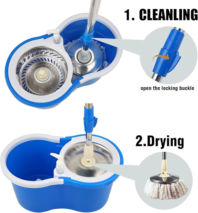 Mop and Bucket Set, 360° Spin Mop and Bucket with Wringer Set and 3 Microfiber Mop Refills, Stainless Steel 61'' Extended Handle Spinning Mop Bucket System for Floor Cleaning