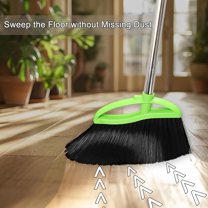 Soft Bristles Green Angle Broom and Dustpan Set, Long Handle Household Indoor Broom with Dustpan Combo Set for Room Kitchen Lobby Office Hardwood Floor Sweeping Floor Cleaning