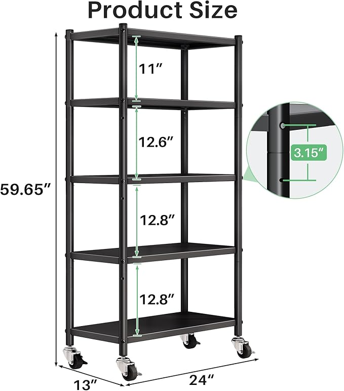 5 Tier Adjustable Storage Shelves, Heavy Duty Metal Storage Rack with Wheels, Shelving Units Utility Shelf for Kitchen, Pantry, Bathroom, Garage, Office Organization and Storage, Black, 13"x24"x59.7"