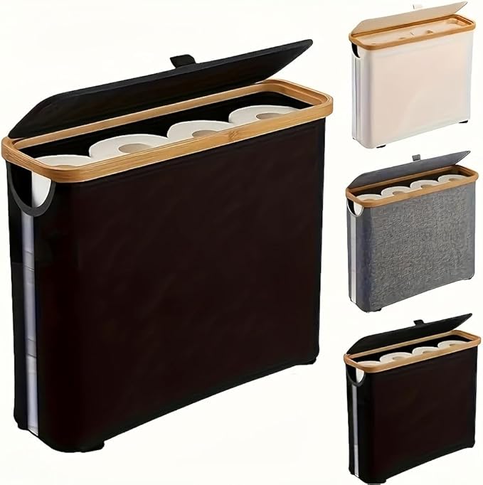 Toilet Paper Storage Basket with Lid for 12 Rolls, Waterproof Oxford Cloth with Bamboo Frame, Free Standing Toilet Paper Holder, Collapsible Bathroom Organizer Bin, Beige (Black)