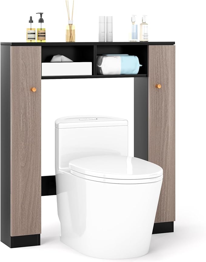 Giantex Short Over The Toilet Storage Cabinet, Bathroom Organizer w/2 Open Compartments & 4 Adjustable Shelves, Freestanding Space Saver Above Toilet Storage for Restroom, Laundry Room (Black+Oak)