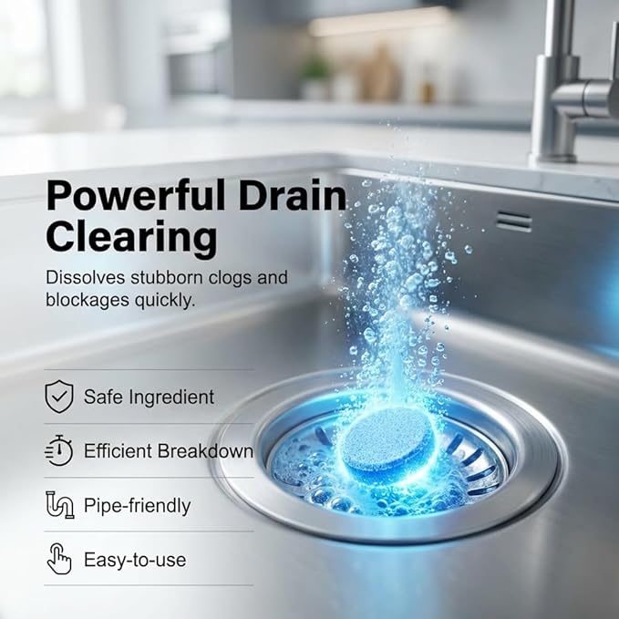 Strong Drain Effervescent Tablet, 2026 New Disposal Cleaner Tablets Eliminator Quickly Eliminates Odors, Sink Smell Effervescent Tablets, Sink Drain Cleaner for Sewer, Toilet and Septic Tank (1)
