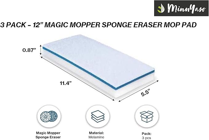 Magic Mopper Sponge Eraser Mop Pad | Compatible with Swiffer Wet Jet and 12" Wet Spray Mops | 12-inch Magic Sponge Eraser Mop Pad | 3 Pack