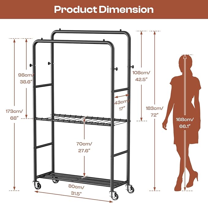 Clothes Racks for Hanging Clothes, Rolling Clothing Rack with Pants Rack, Side Hooks & Shoe Shelf, Portable Garment Rack for Bedroom, Laundry Room, Clothing Store, Closet, Black