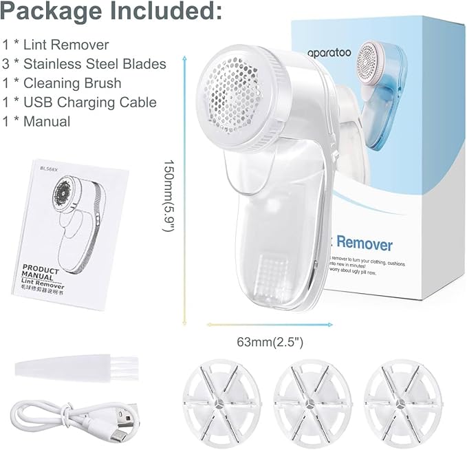 Fabric Shaver, Lint Remover for Clothes, Electric Lint Remover with 3 Replaceable Blades, Removes Fabric Pills, Rechargeable Sweater Defuzzer Pill Remover, Depiller Effectively Remove Pills