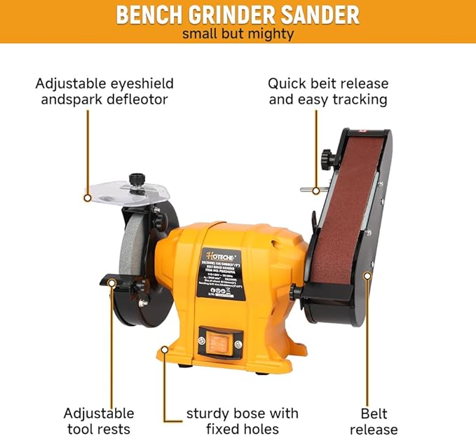 Hoteche 6" Bench Grinder & 2" x 27" Belt Sander Combo - 250W Dual Power Tool for Metal/Wood Grinding, Sharpening & Sanding