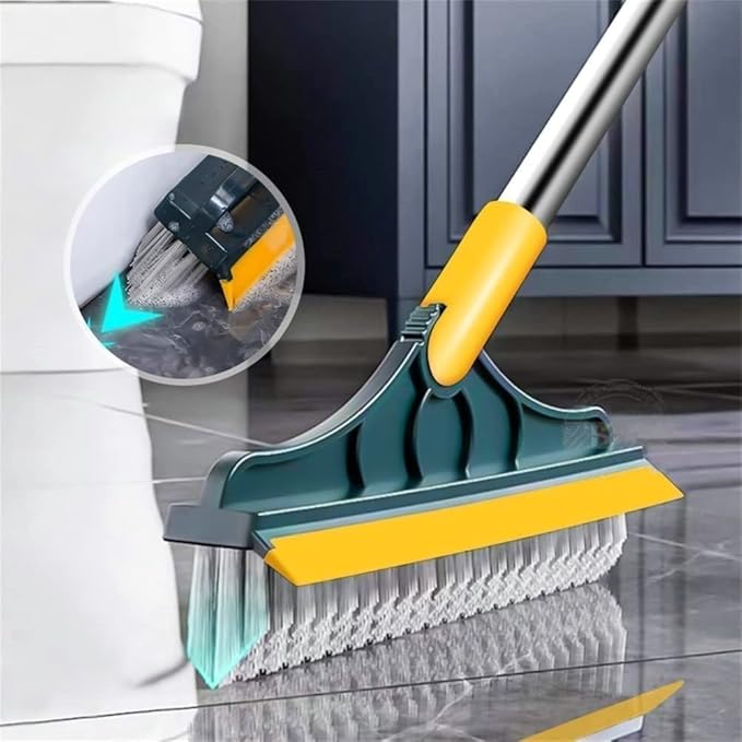 2 in 1 Floor Brush Scrubber with Long Handle Grout Brush 3 Poles 53.5'' New Upgrade Stiff Bristle Cleaning Scrub Brush with Squeegee 120°Rotating Tile Brush for Cleaning Bathroom Glass Patio Kitchen