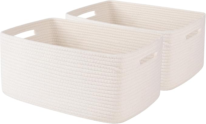 Large Storage Basket for Organizing, Woven Rope Basket for Shelves, Closet Organizer Bins for Clothes, Blanket, Toys, Baby Nursery Storage, 17.7" x 13" x 7.87", 2 Packs White