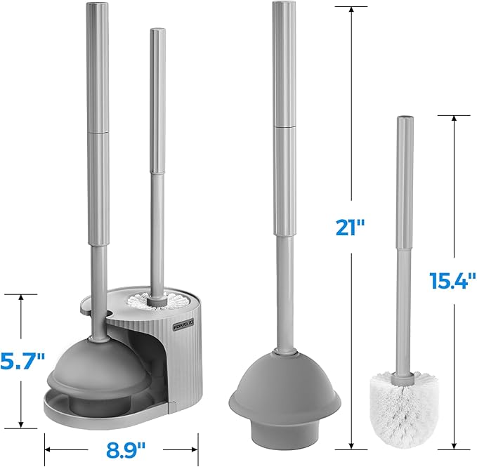 2Pack 2 in 1 Toilet Brush and Plunger Set, Extended Handle Plunger，Toilet Bowl Brush Plunger Set,Bathroom Cleaning Tools ，Toilet Brush Plunger Combo，Cleaning Brush，Cleaning Supplies（Dark Grey）