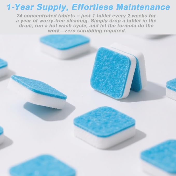 Washing Machine Cleaner Effervescent Tablets - 24 Pieces, Deep Cleaning Formula, Removes Grime & Odors, Deodorizes & Refreshes HE Top/Front Load Washers