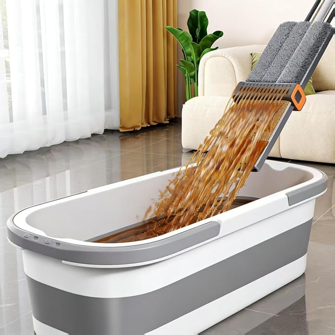 Bucket with Wringer Set, 6 Piece Microfiber Flat Mop Cleaning System with Long Handle, Hands Free Floor Cleaner for Hardwood, Tile & Wall (1 Mop + 6 Microfiber Pads + 1 Bucket)
