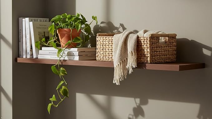 Large Rectangular Wicker Basket - Premium Water Hyacinth Storage Basket with Built-in Wooden Handles for Home Organization, Shelf Organizer, Decorative Natural Handwoven Basket 15.5x10.8x6.2"