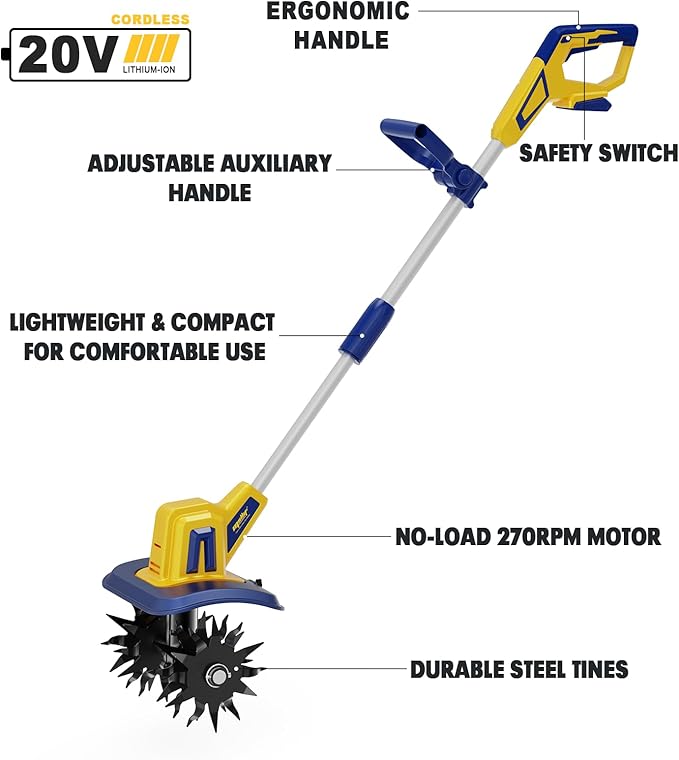 Cordless Tiller Cultivator Compatible with Dewalt 20V Battery(Tool Only), Electric Garden Tiller w/270 RPM, 48 Steel Tines, 8.7" Tilling Width, 6.3" Depth, Portable Rotary Tiller