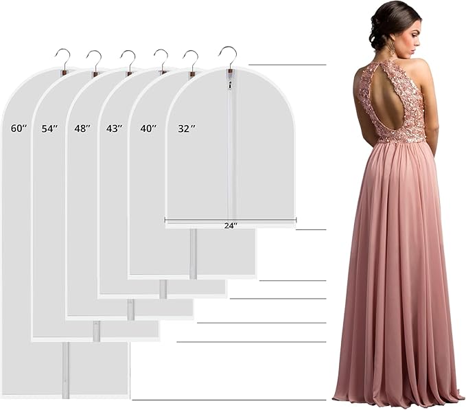 MsKitchen 12 Pack Long Garment Bags (24x60") - Dustproof Gown Covers - Durable PEVA Hanging Bags with Sturdy Zipper for Maxi Dresses, Long Coats & Dance Costumes (Translucent)
