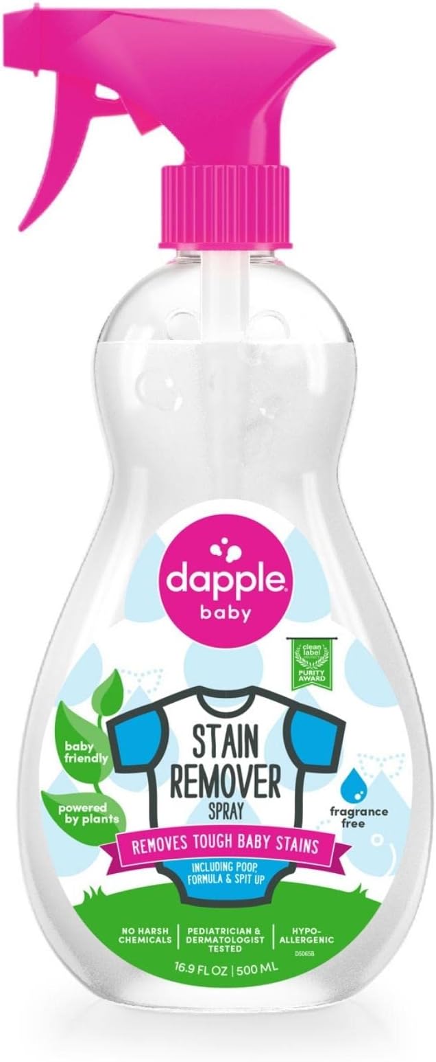 DAPPLE Stain Remover Spray, Plant-Based, Fragrance Free, 16.9 Ounce Spray Bottle, Hypoallergenic, Baby Laundry Stain Remover for Clothes & Cloth Diapers