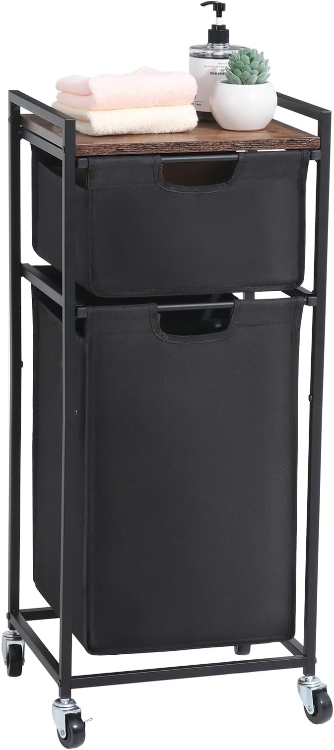 LUCKUP Laundry Hamper with Shelf, Laundry Sorter 2 Section with Removable Bags, Laundry Basket Cart with Table Wheels Laundry Room Storage and Organization, Dirty Clothes Hamper for Small Space