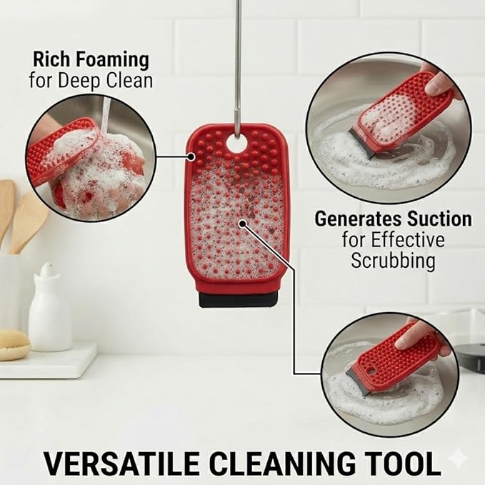 3-in-1 Silicone Dish Sponge - BPA-Free Food-Grade Cleaning Brush with Dual-Sided Scrubber & Scraper, Hanging Hole Fast-Dry Reusable for Dishes/Fruits/Vegetables (Grey 2PCS)