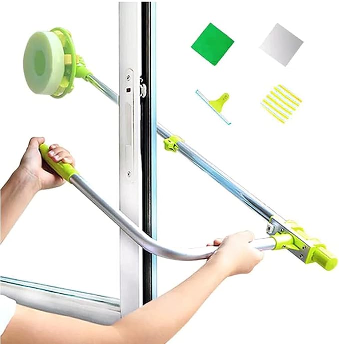 Window Cleaning Tool U Shaped Window Cleaner for External Window Washer with Telescopic Pole, Angle Adjustable Sponge Head and Squeegees