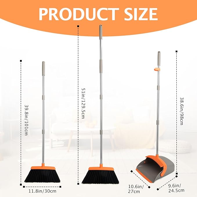 2-Pack Broom and Dustpan Set with Long Handle, Heavy Dust Broom and Dustpan Combo for Home，Kitchen, Office, Pet Hair(Gray Orange)