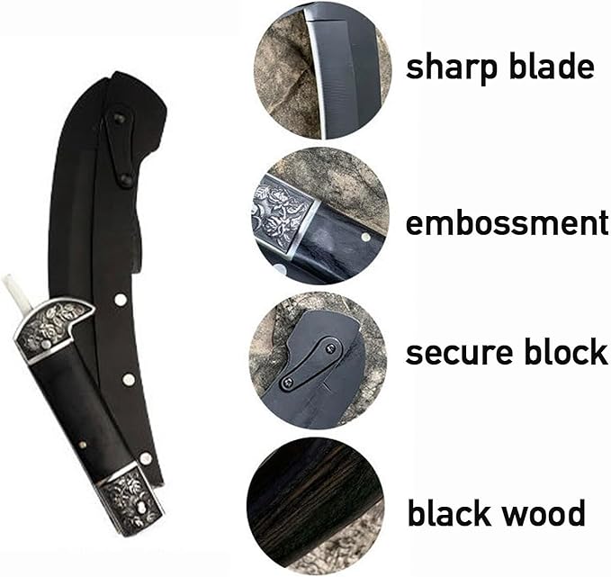Folding Sickle, Two Section Foldable Scythe with Wooden Handle, Sheath, 2 Sections Foldable Sickle Knife, Weeder, Manual Garden Tool for Weeding Farming