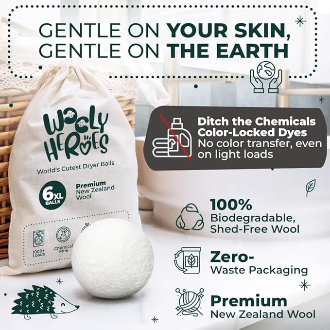 No More Dryer Sheets! XL Wool Dryer Balls 6-Pack, Reusable Laundry Softener & Static Reducer, Eco-Friendly, Long-Lasting, Safe for Sensitive Skin