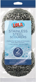 Stainless Steel Wool Scouring Pad, 2 Pack, by LOLA Brand, 18 Grams - Curled Flat Wire, Cleans Caked On & Baked On Messes on Cookware