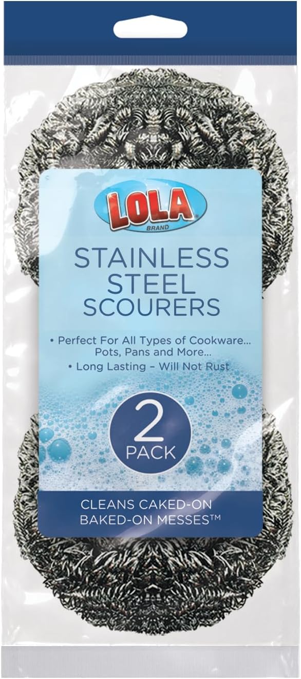 Stainless Steel Wool Scouring Pad, 2 Pack, by LOLA Brand, 18 Grams - Curled Flat Wire, Cleans Caked On & Baked On Messes on Cookware