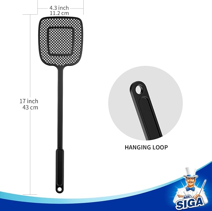 MR.SIGA Heavy Duty Long Handle Fly Swatter, Black, 6 Pack