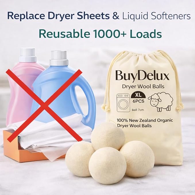 Wool Dryer Balls 6 Pack XL 7cm, 100% New Zealand Wool, Reusable 1000+ Loads, Natural Fabric Softener Alternative, Helps Reduce Drying Time, Static and Wrinkles, Baby Safe
