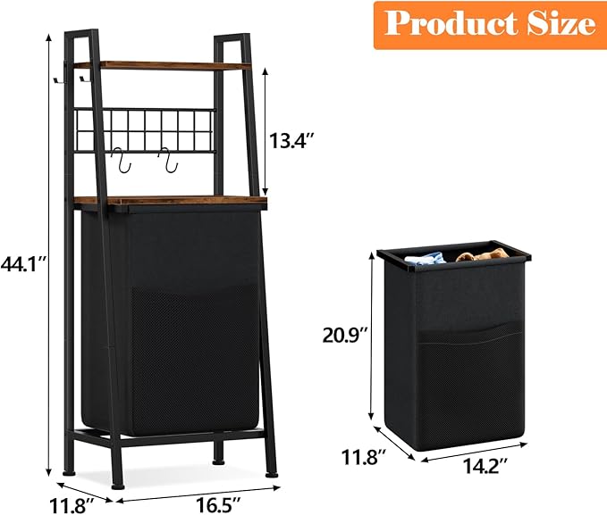 Furnulem Laundry Hamper, Vertical Laundry Basket with 2 Tiers Wooden Shelf and Hooks, Clothes Hamper with Pull-Out and Removable Bag for Bathroom, Bedroom, Dorm, 13.21 Gallons (50L)